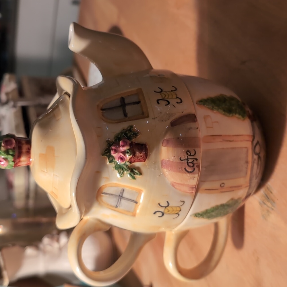 AVAILABLE- Vintage Tea pot with lid and tea cup.  Design Bella Casa by Ganz